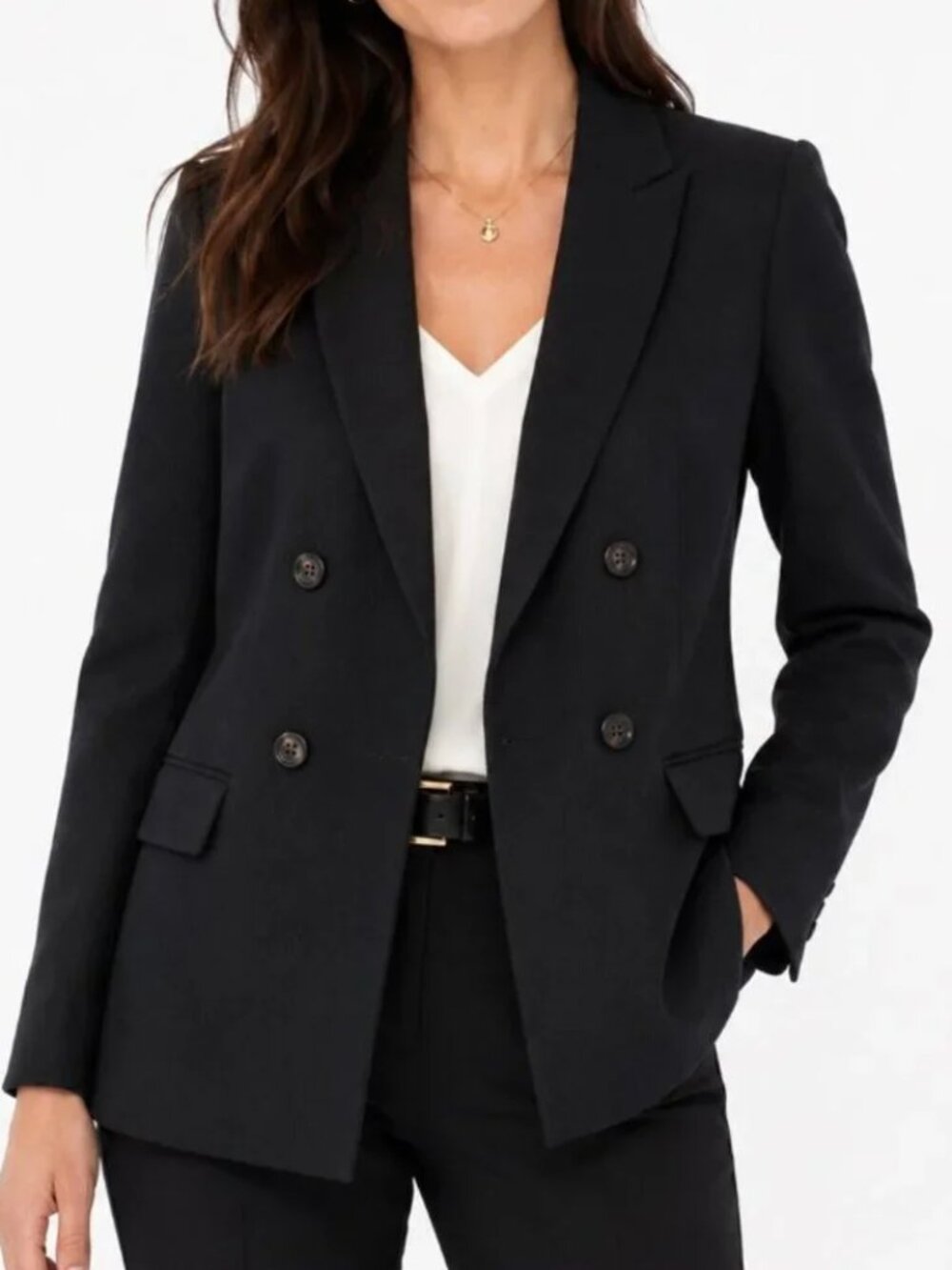 ANN TAYLOR Double Breasted Blazer Black Sz 10 Textured Stretch Career Minimalist
